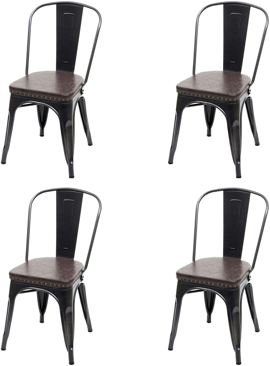 Mendler 4-set dining room HWC-h10e chesterfield metal artificial leather industrial gastro black-brown