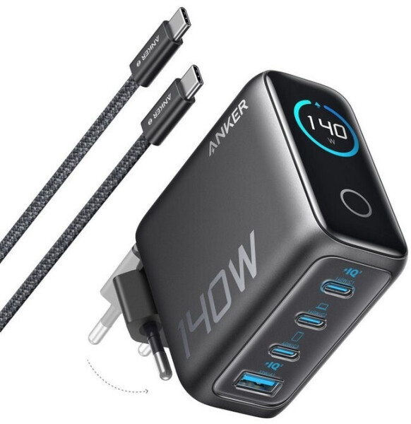 Anker Ladegerät (140W, 4-Port, PD 3.1) mit USB-C Kabel Schwarz