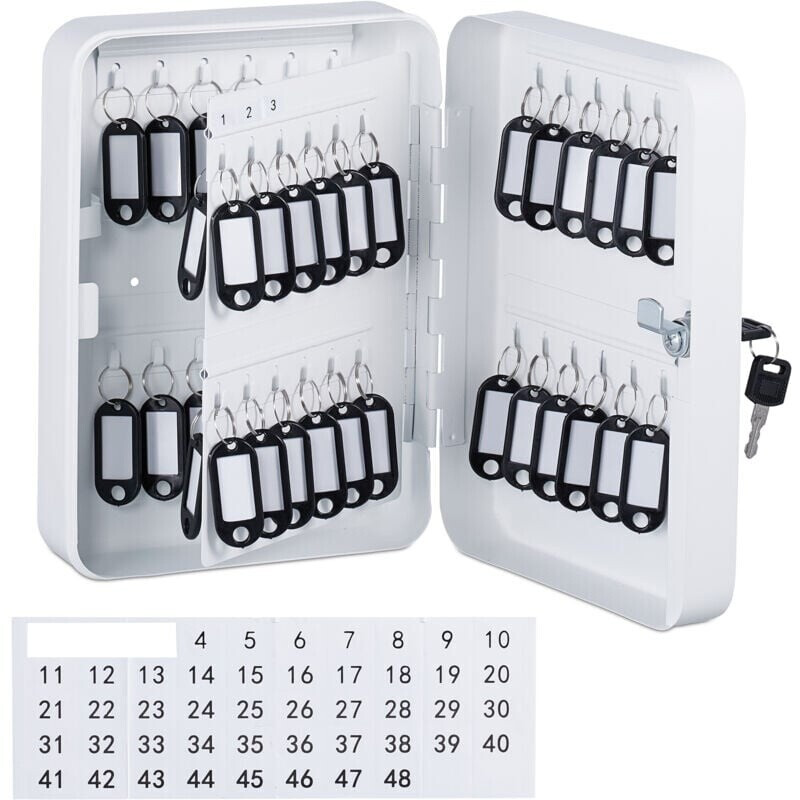 Relaxdays Key box, lockable, 48 hooks, with key fans, 25x18x8 cm key box, white