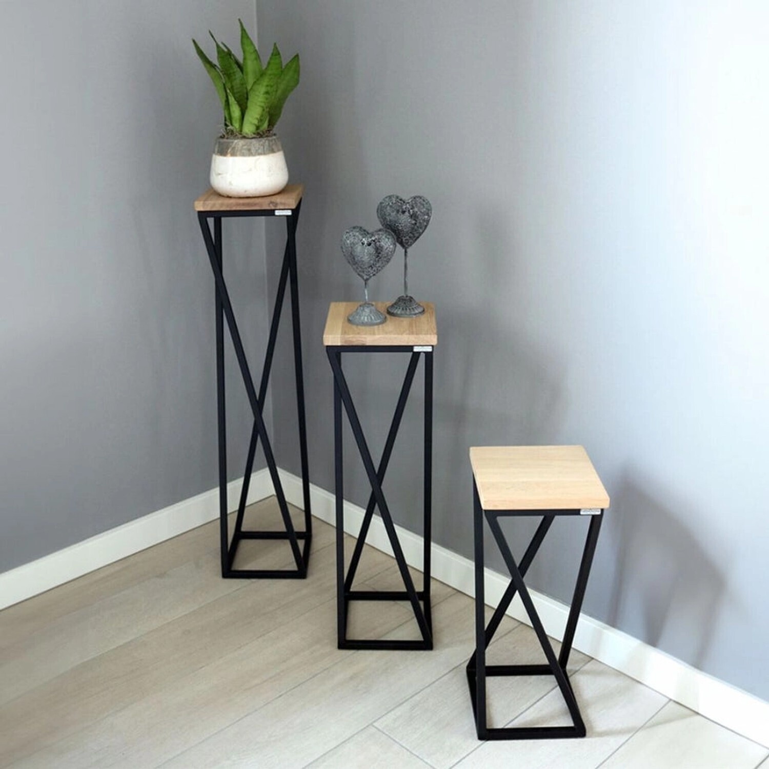 holz4home holz4home Decorative stand oiled oak twisted struts 50/70/90cm light grey set of 3 - alternate view