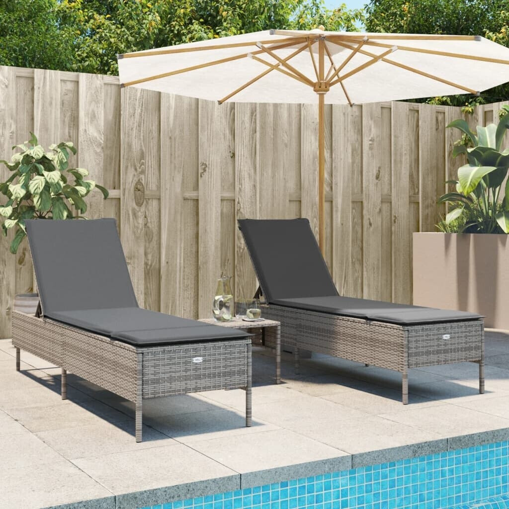 vidaXL Sonnenliegen mit Auflagen 2 Stk. Grau Polyrattan 198 x 55 cm (3261589)