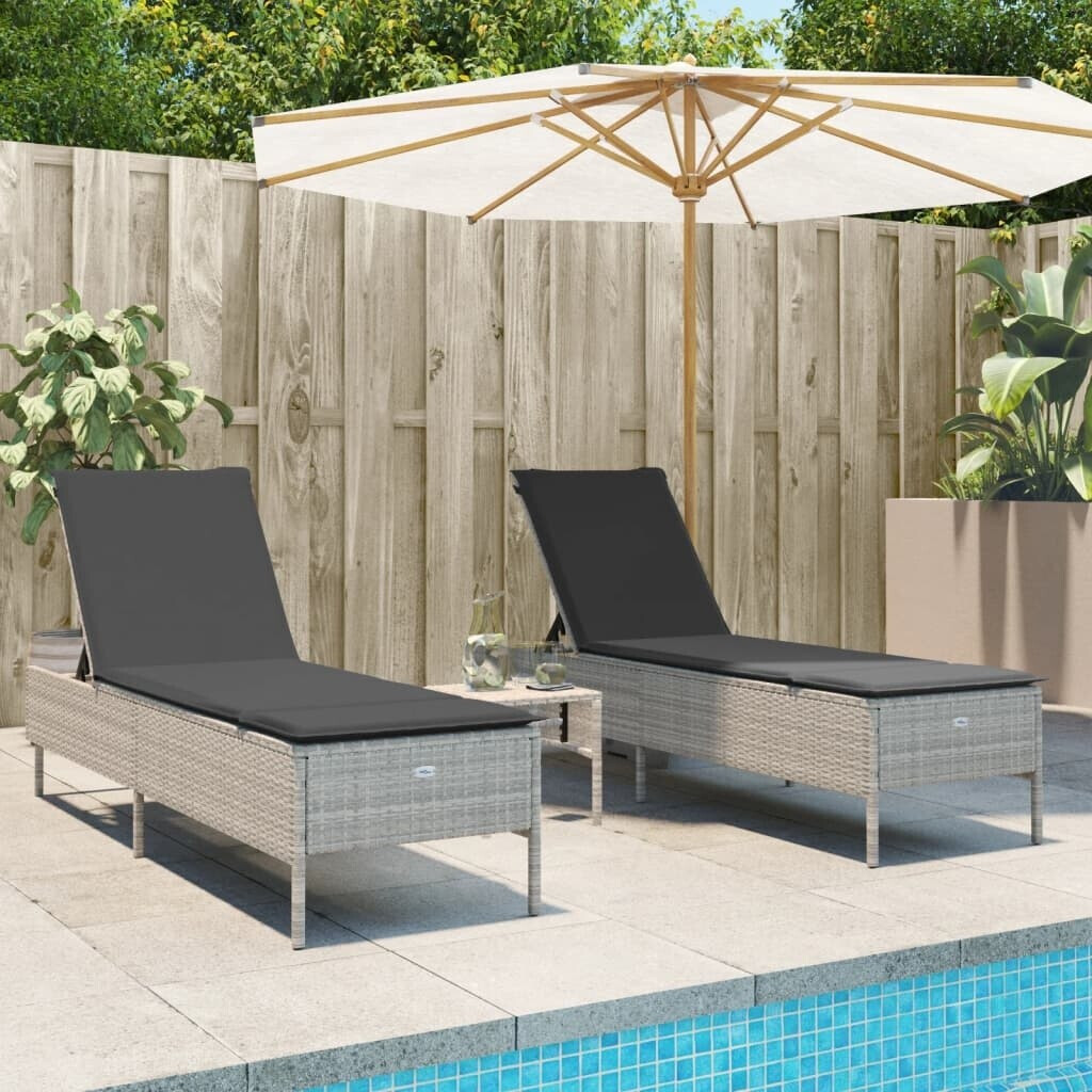 vidaXL Sonnenliegen mit Auflagen 2 Stk. Hellgrau Polyrattan 198 x 55 cm (3261592)