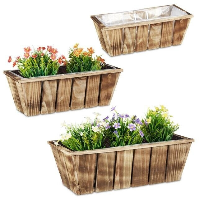 Relaxdays Lot de 3 jardinières en bois flambé brun