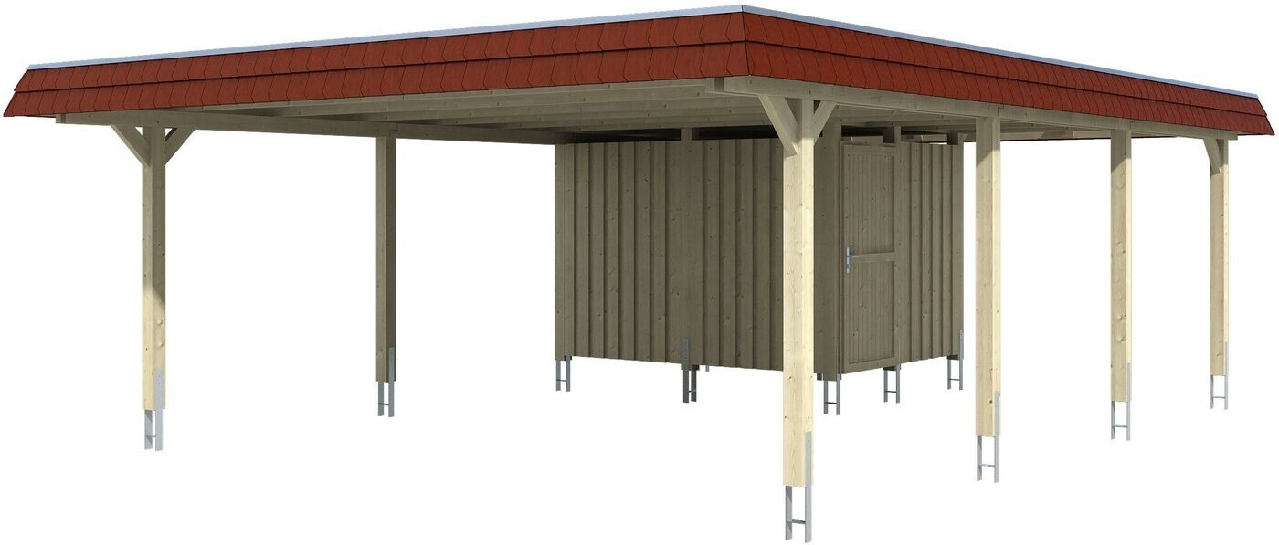 Skan Holz Doppelcarport Wendland 630x879 cm 216 cm Einfahrtshöhe mit Abstellraum mit Aluminiumdach rote Blende Nussbaum