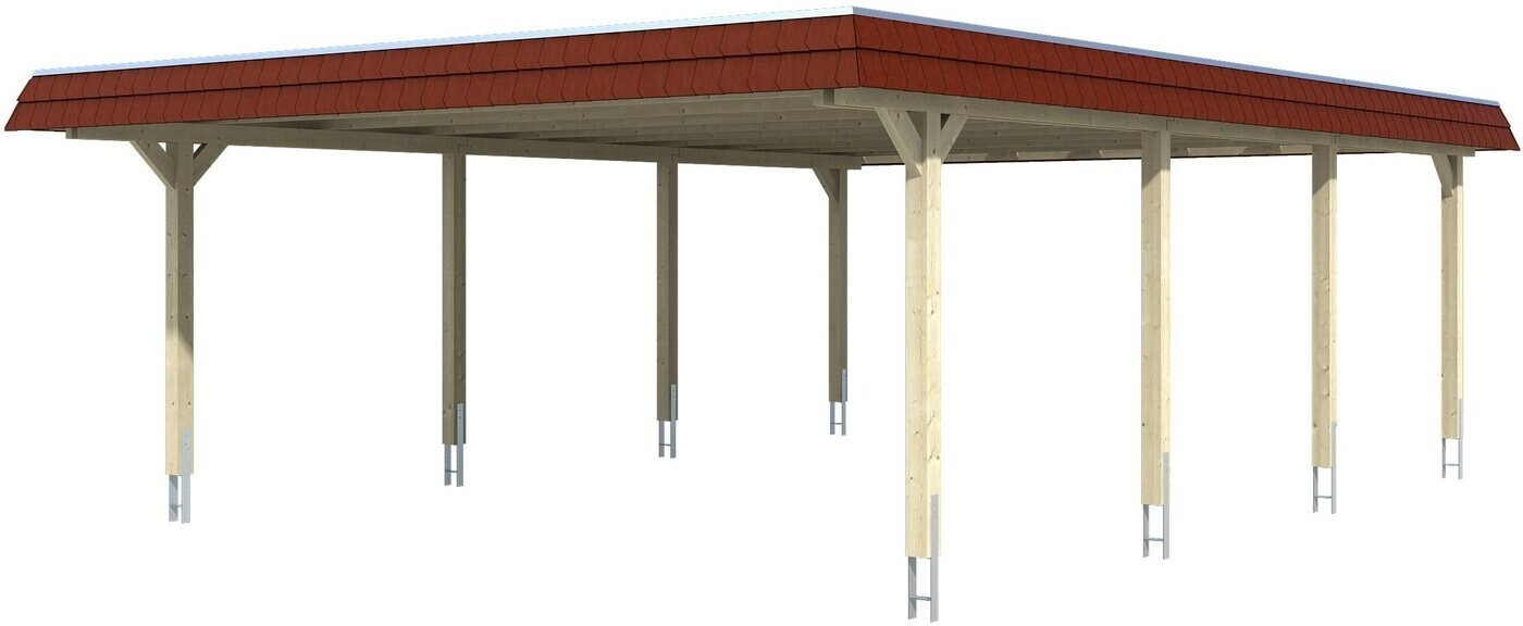 Skan Holz Doppelcarport Wendland 630x879 cm 216 cm Einfahrtshöhe mit EPDM-Dach rote Blende Eiche hell