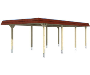 Skan Holz Einzelcarport Wendland 409x870 cm 210 cm Einfahrtshöhe mit Aluminiumdach rote Blende Weiß