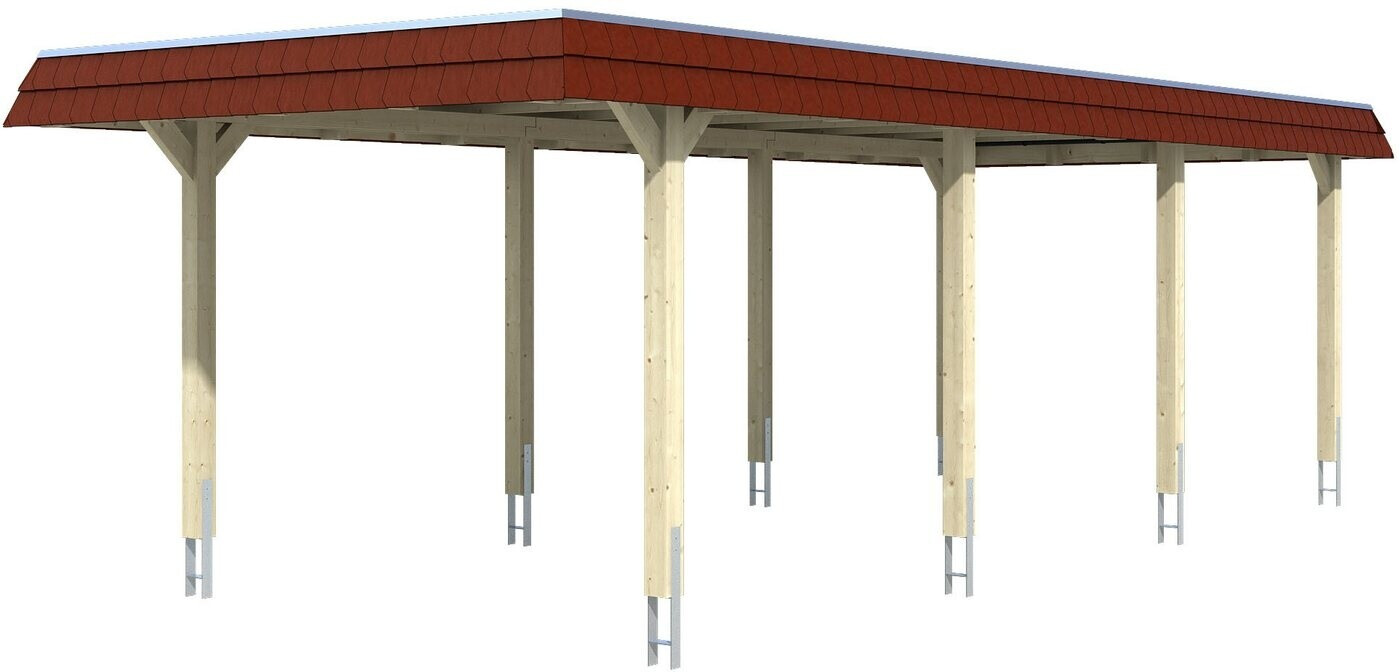 Skan Holz Einzelcarport Wendland 362x870 cm 206 cm Einfahrtshöhe mit Aluminiumdach rote Blende Weiß