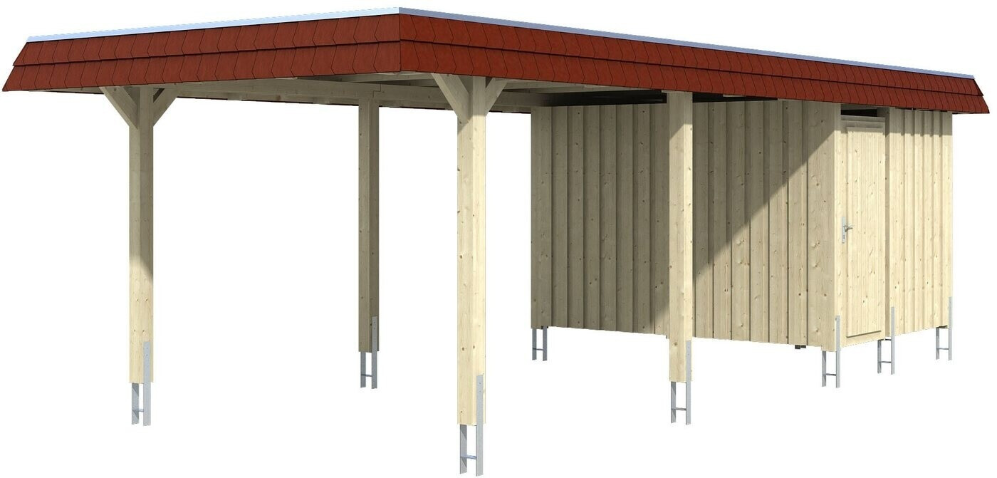 Skan Holz Einzelcarport Wendland 362x870 cm 206 cm Einfahrtshöhe mit Abstellraum mit EPDM-Dach rote Blende Natur