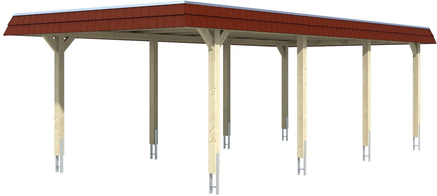 Skan Holz Einzelcarport Wendland 409x870 cm 210 cm Einfahrtshöhe mit Aluminiumdach rote Blende Eiche hell