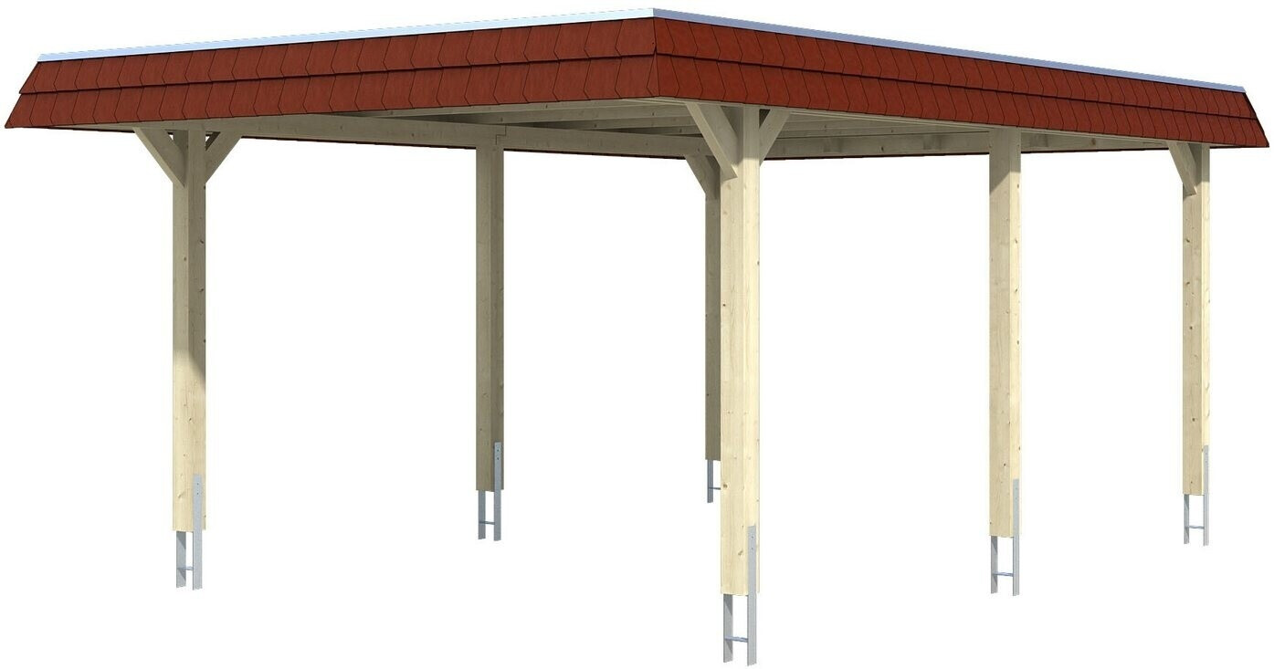 Skan Holz Einzelcarport Wendland 409x628 cm 210 cm Einfahrtshöhe mit EPDM-Dach rote Blende Eiche hell