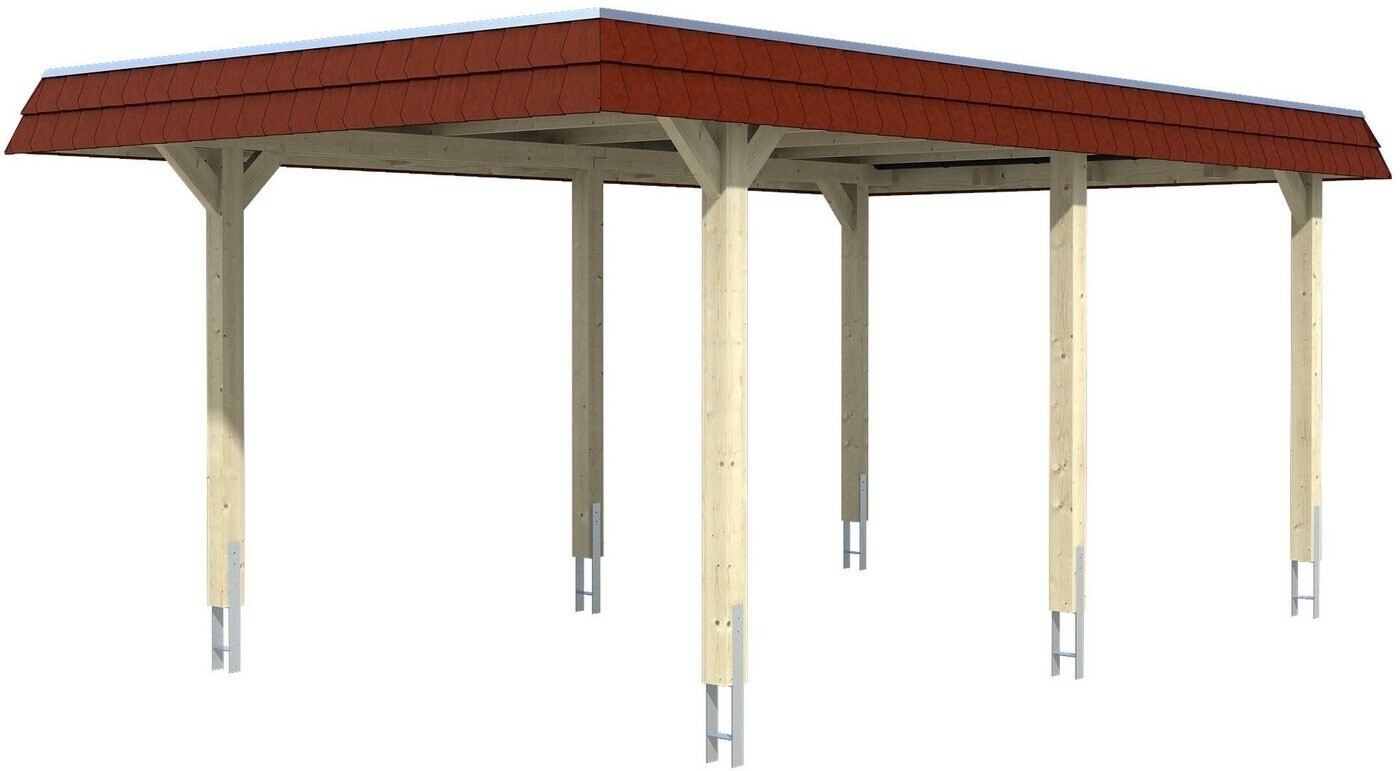 Skan Holz Einzelcarport Wendland 362x628 cm 206 cm Einfahrtshöhe mit EPDM-Dach rote Blende Natur