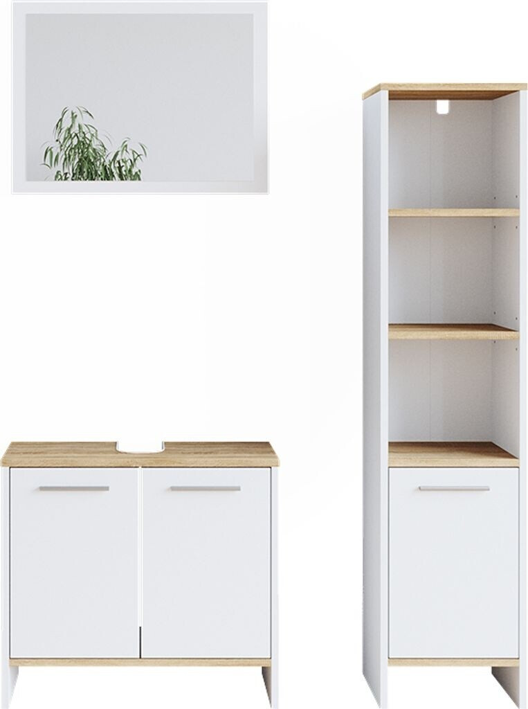 Mobile Bagno Vicco Elvio - Bianco/Sonoma, 32x68x28 Cm, Con Scaffali Aperti E Chiusi - Foto 3