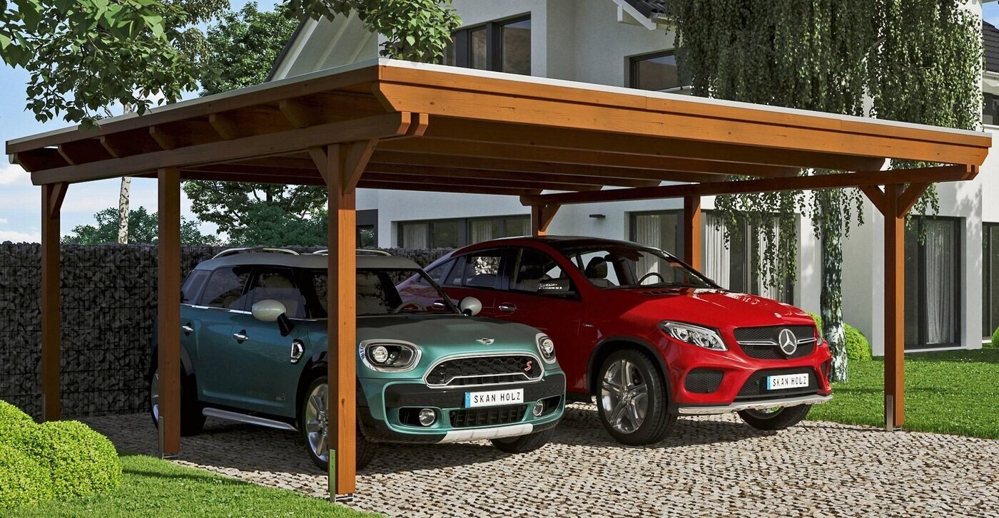 Skan Holz Doppelcarport Emsland inkl. Pfostenanker 613 x 604 cm nussbaum