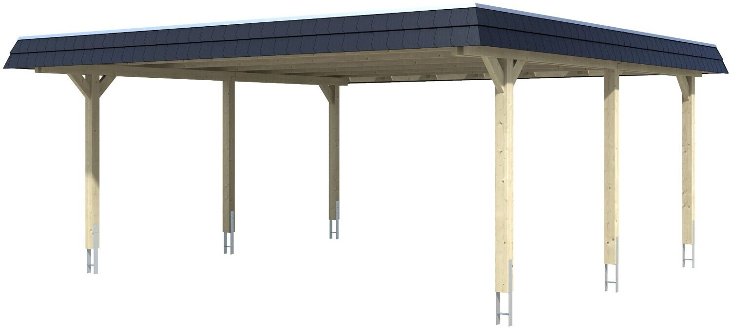Skan Holz Doppelcarport Wendland schwarze Blende inkl. Pfostenanker 630 x 637 cm eiche hell