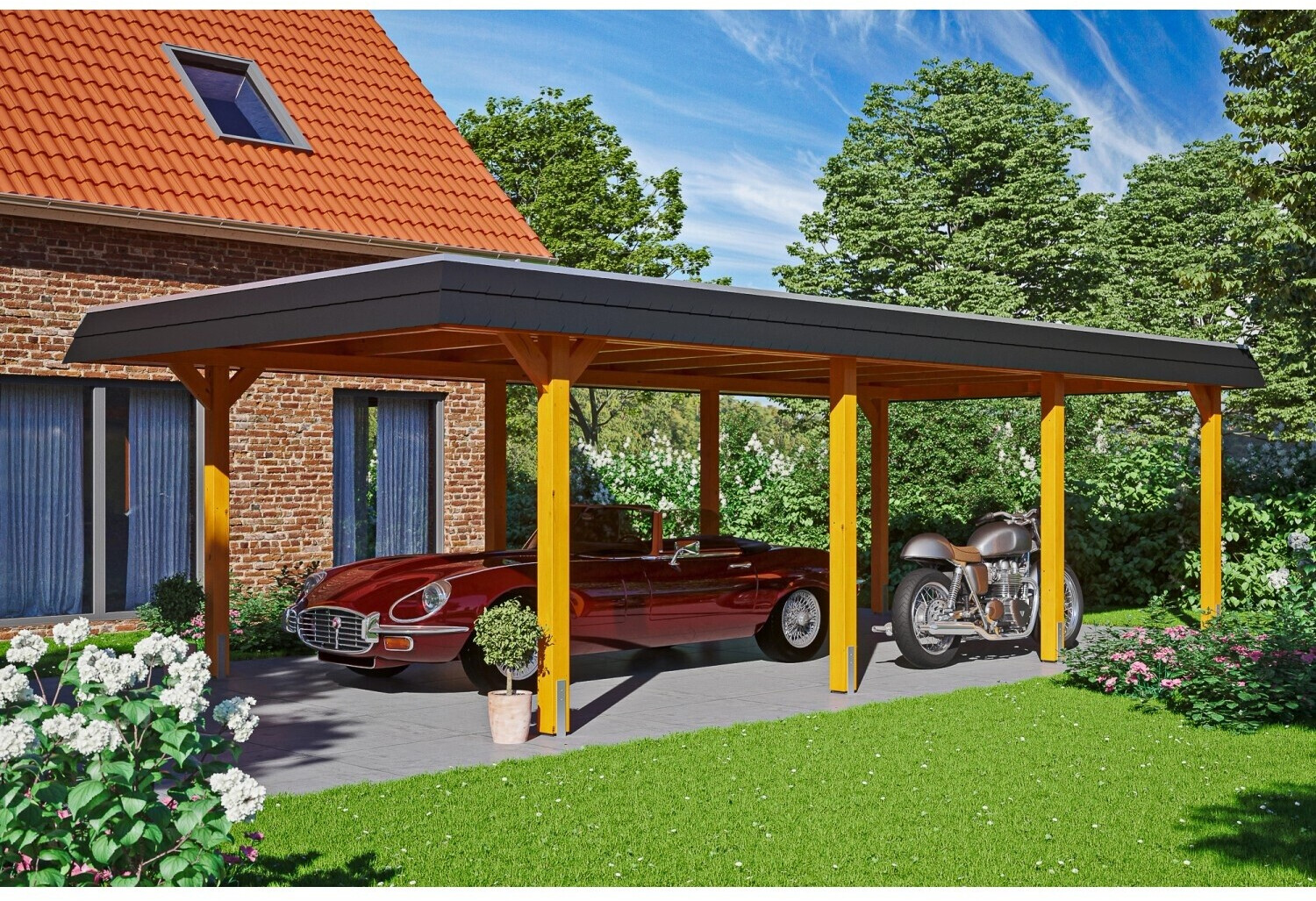 Skan Holz Einzelcarport Wendland schwarze Blende inkl. EPDM Folie Pfostenanker 409 x 870 cm eiche hell