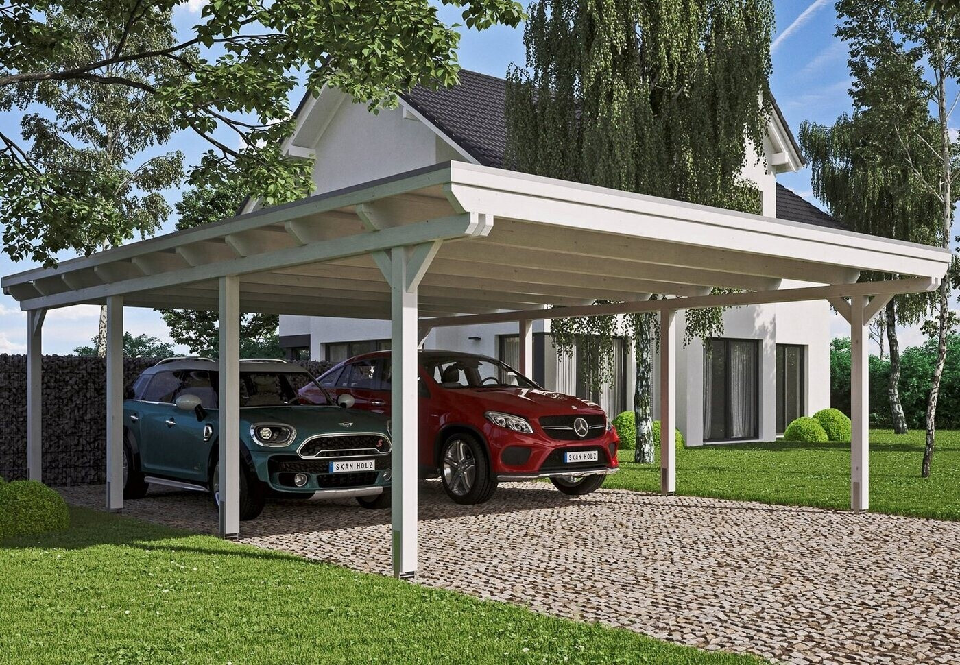 Skan Holz Doppelcarport Emsland inkl. EPDM Folie Pfostenanker 613 x 846 cm weiß