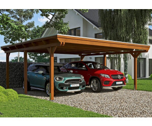 Skan Holz Doppelcarport Emsland inkl. EPDM Folie Pfostenanker 613 x 604 cm nussbaum