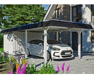 Skan Holz Einzelcarport Wendland schwarze Blende inkl. Abstellraum EPDM Folie Pfostenanker 362 x 870 cm weiß