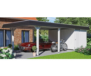Skan Holz Einzelcarport Wendland schwarze Blende inkl. Abstellraum EPDM Folie Pfostenanker 409 x 870 cm weiß