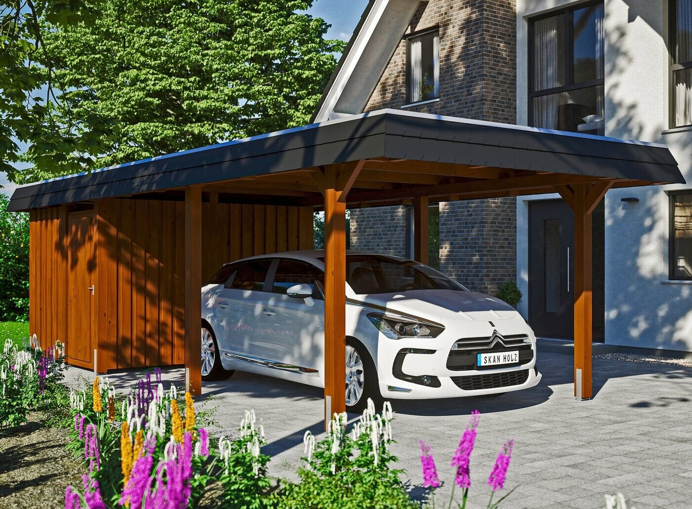 Skan Holz Einzelcarport Wendland schwarze Blende inkl. Abstellraum EPDM Folie Pfostenanker 362 x 870 cm nussbaum