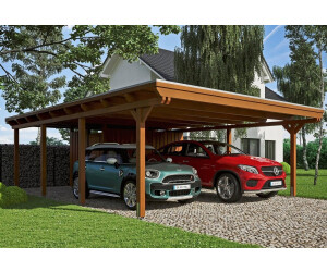 Skan Holz Doppelcarport Emsland inkl. Abstellraum Pfostenanker 613 x 846 cm nussbaum
