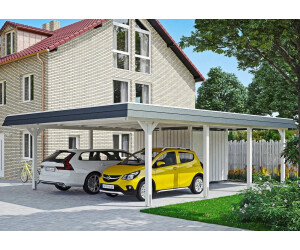 Skan Holz Doppelcarport Wendland schwarze Blende inkl. Abstellraum EPDM Folie Pfostenanker 630 x 879 cm weiß