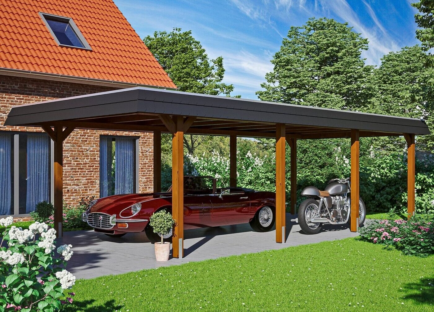 Skan Holz Einzelcarport Wendland schwarze Blende inkl. Pfostenanker 409 x 870 cm nussbaum