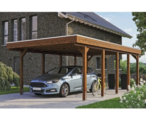 Skan Holz Einzelcarport Friesland inkl. Aluminium-Dachplatten und H-Pfostenanker 397 x 708 cm nussbaum