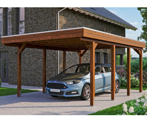 Skan Holz Einzelcarport Friesland inkl. Aluminium-Dachplatten und H-Pfostenanker 397 x 555 cm nussbaum
