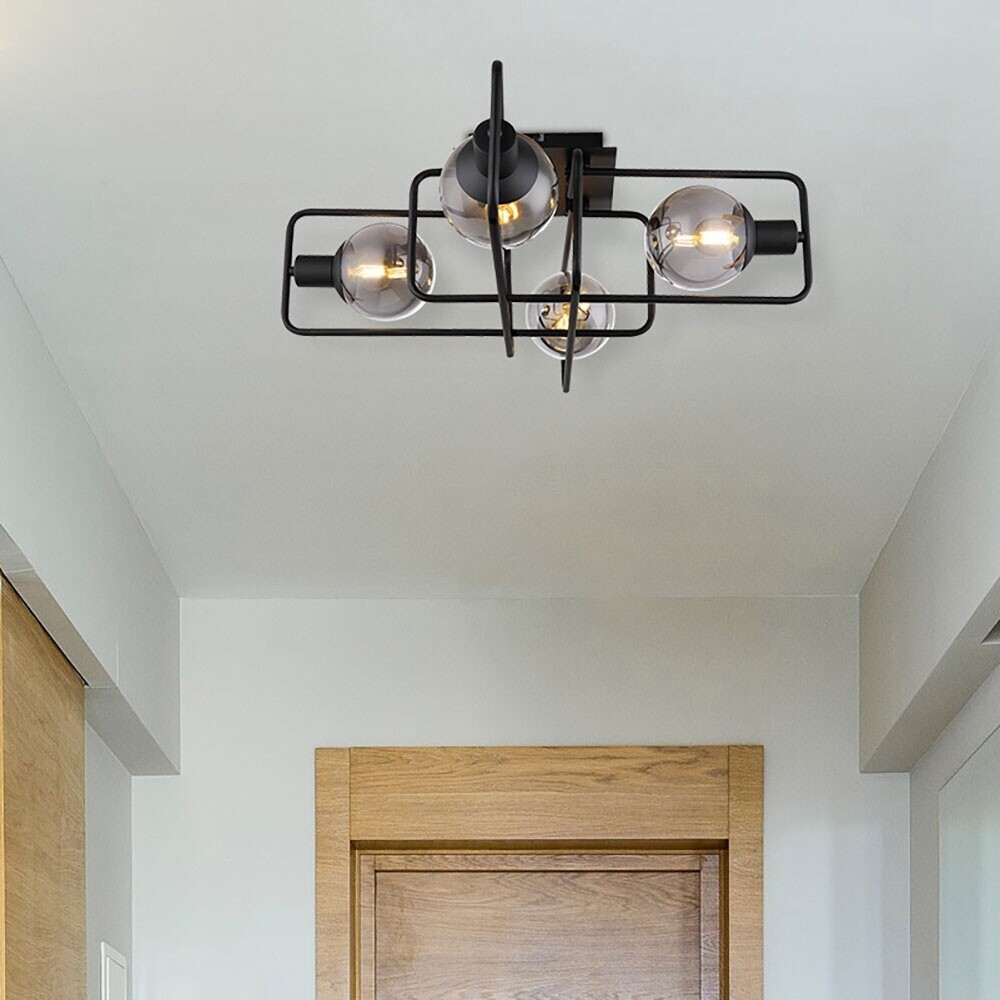 Industrielle LED Deckenleuchte Mit 4 Glaskugeln | Schwarz, 61x61 Cm, Dimmbar, Warmweiß
