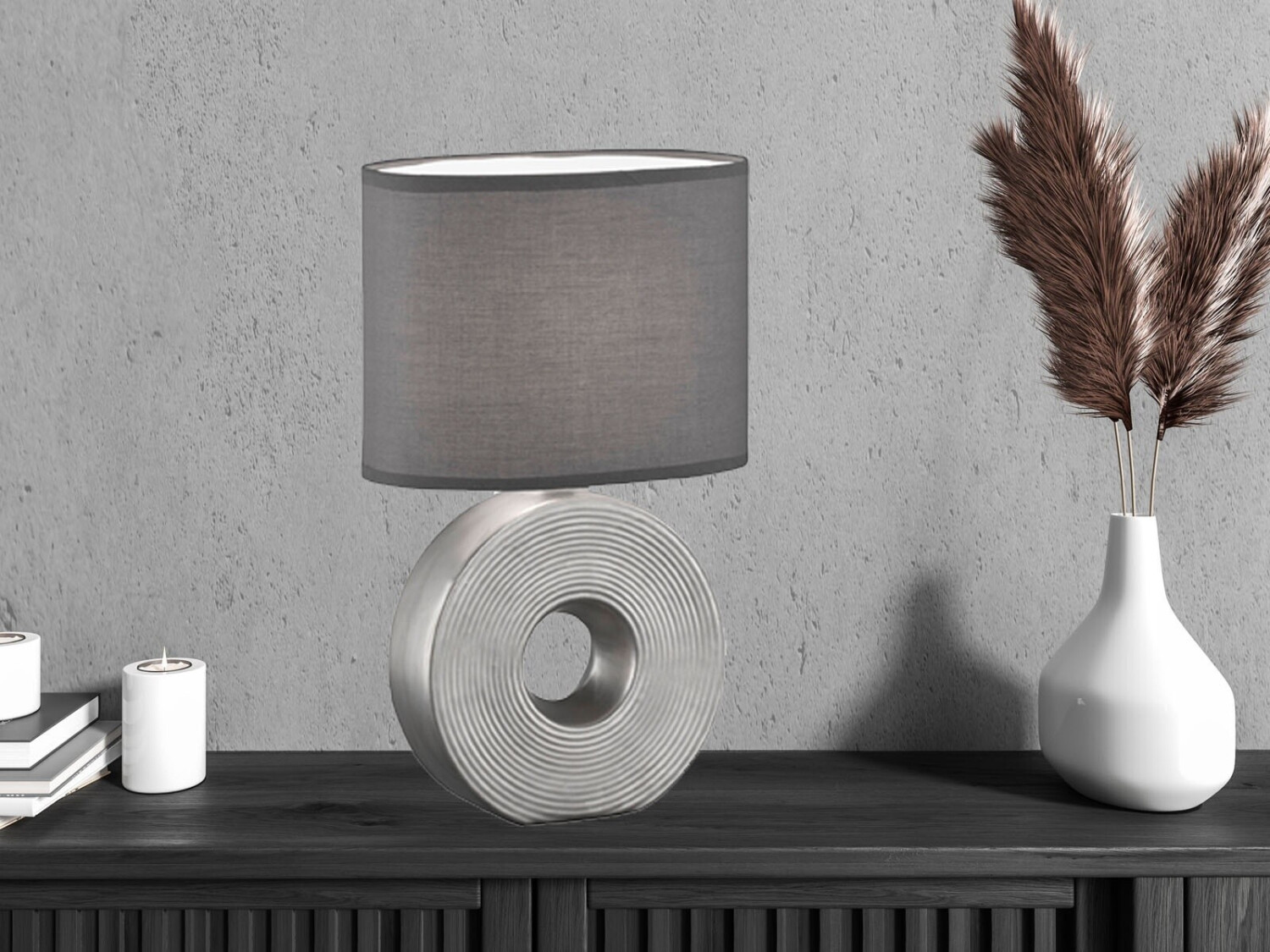 MeineWunschleuchte Tischlampe - Keramikfuß Silber Antik & Weißer Leinen-Schirm, 35 Cm Hoch