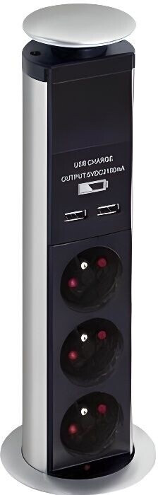 Perel Bloc escamotable 3 prises avec USB noir intérieur