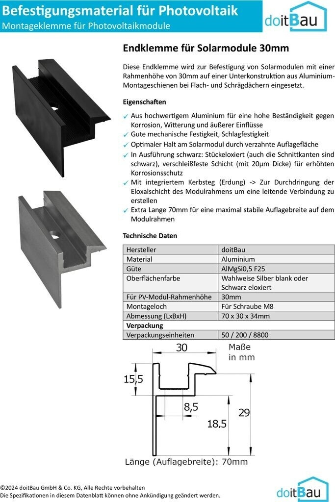 doitBau End clamp for 30mm solar module aluminium silver 20 pcs.