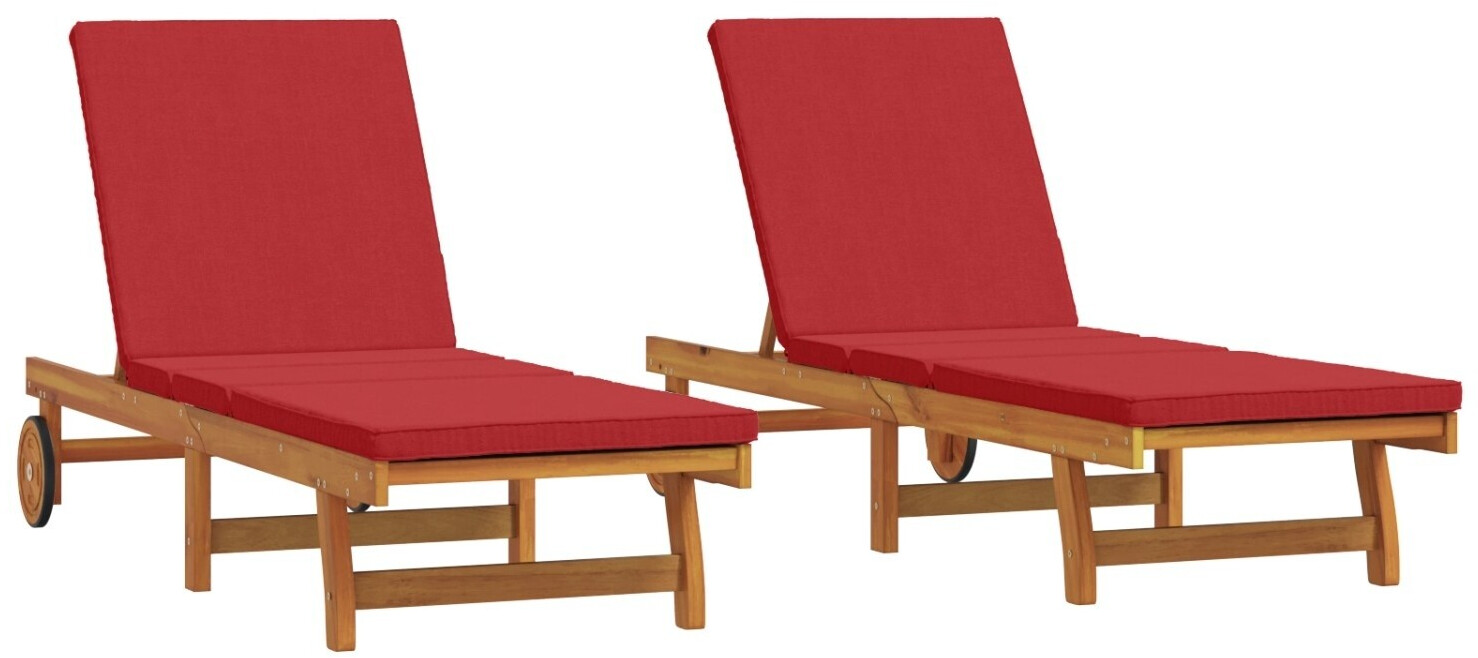 vidaXL 2er Set Sonnenliegen mit Rädern und Kissen aus massivem Akazienholz