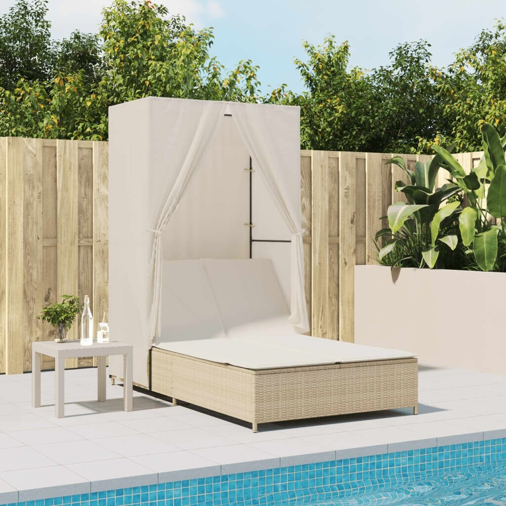 vidaXL Gartenliege Doppel-Sonnenliege mit Dach und Vorhängen Beige Poly Rattan 1 St. Beige und Creme