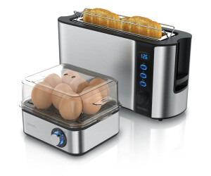 Arendo Frühstücks-Set (2-tlg), 2-Scheiben Langschlitz Toaster, 8er Eierkocher, Silber