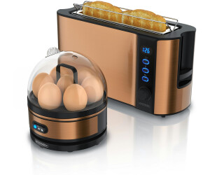 Arendo Frühstücks Set, 2-Scheiben Langschlitz Toaster mit Brötchenaufsatz & Eierkocher für 7 Eier, Kupfer