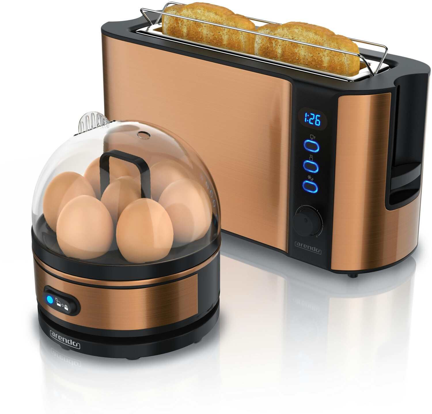 Arendo Frühstücks Set, 2-Scheiben Langschlitz Toaster mit Brötchenaufsatz & Eierkocher für 7 Eier, Kupfer
