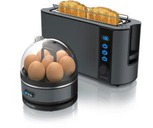 Arendo Frühstücks Set, 2-Scheiben Langschlitz Toaster mit Brötchenaufsatz & Eierkocher für 7 Eier, Grau