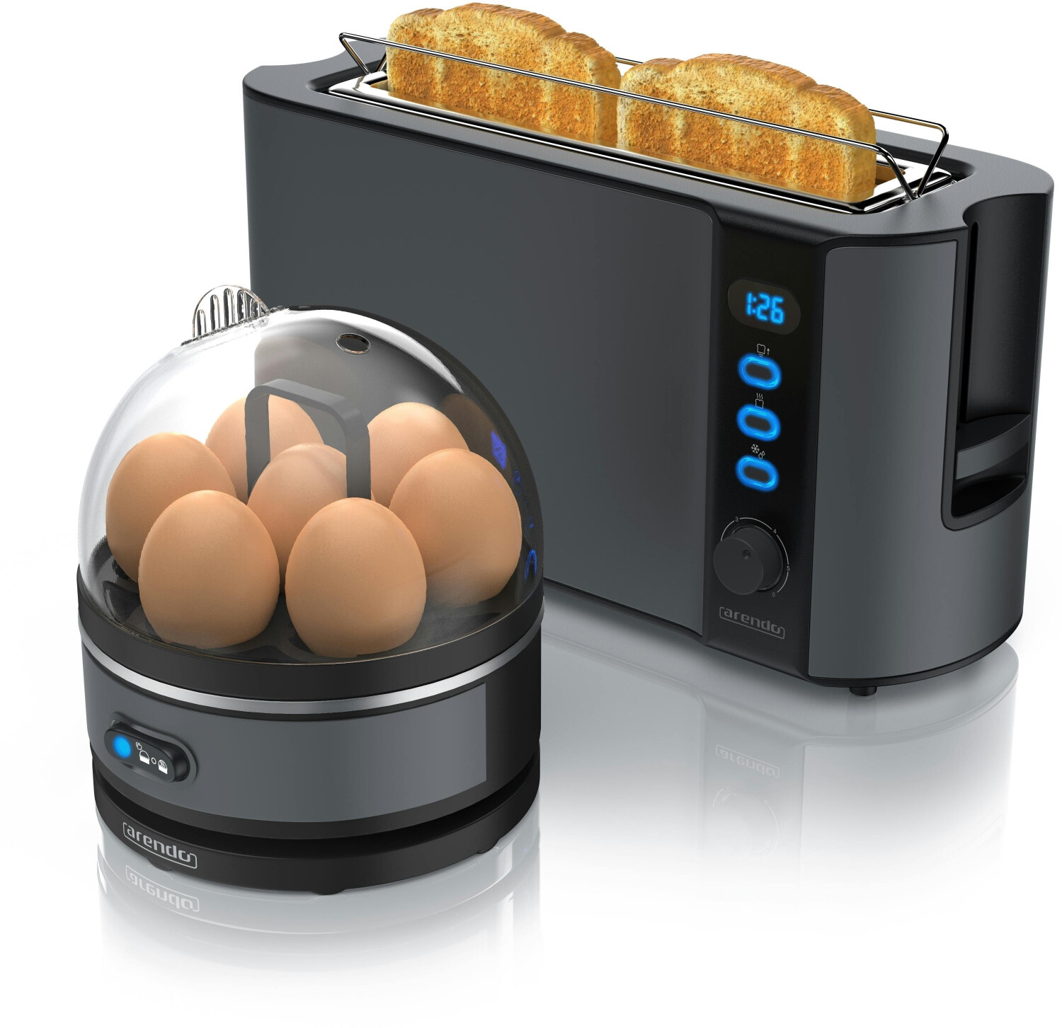 Arendo Frühstücks Set, 2-Scheiben Langschlitz Toaster mit Brötchenaufsatz & Eierkocher für 7 Eier, Grau