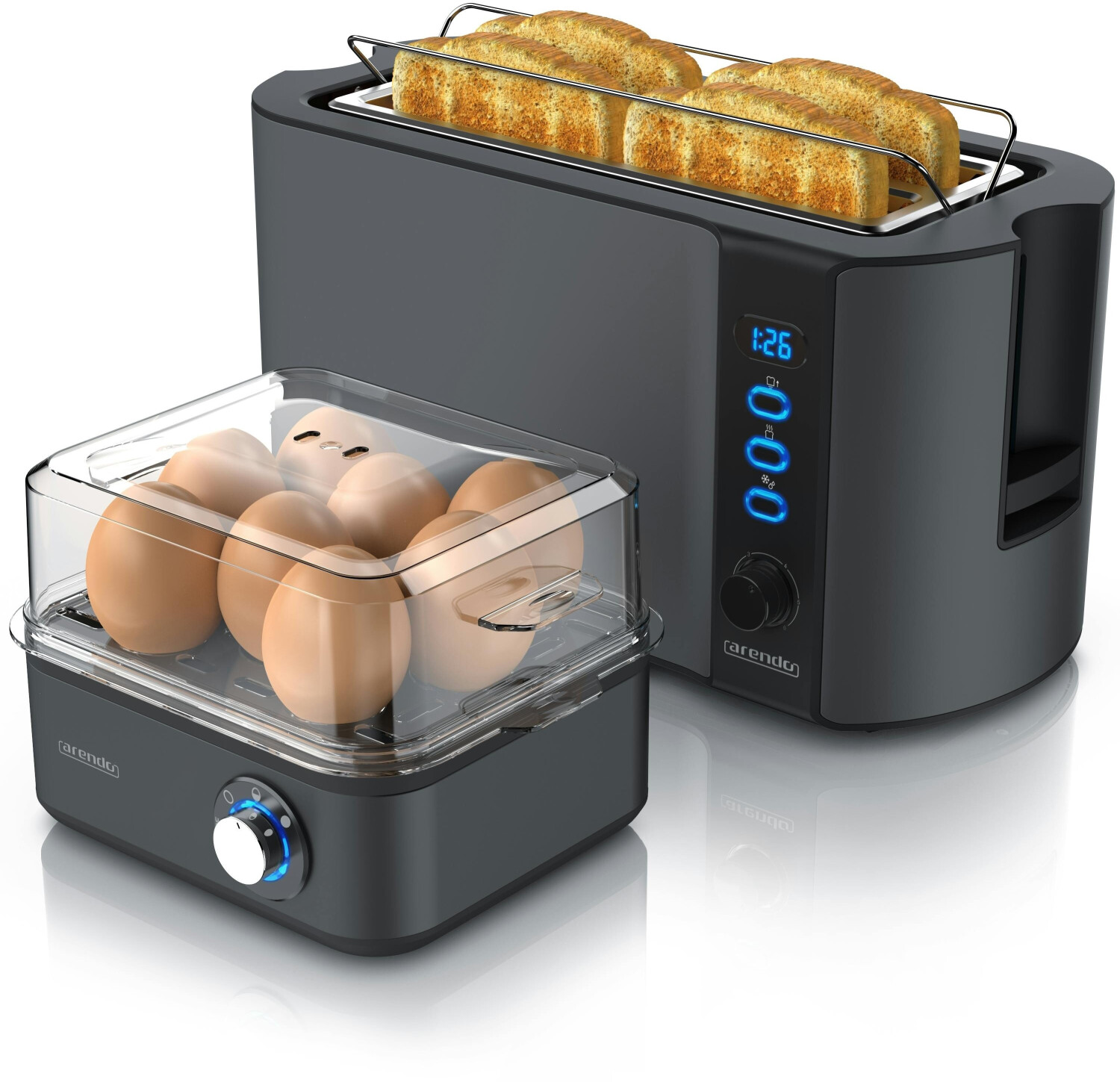 Arendo 2-teiliges Frühstücksset - 4-Scheiben Langschlitz Toaster, 8er Eierkocher, Grau