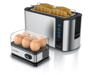 Arendo Frühstücksset, Langschlitz Toaster 4 Scheiben, Eierkocher für 6 Eier, Silber