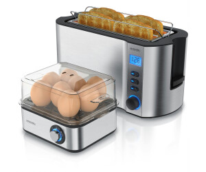 Arendo Frühstücksset 2-teilig, 4-Scheiben Langschlitztoaster, 8er Eierkocher, Silber