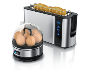 Arendo Frühstücks-Set (2-tlg), 2-Scheiben Langschlitz Toaster, 7er Eierkocher, Silber