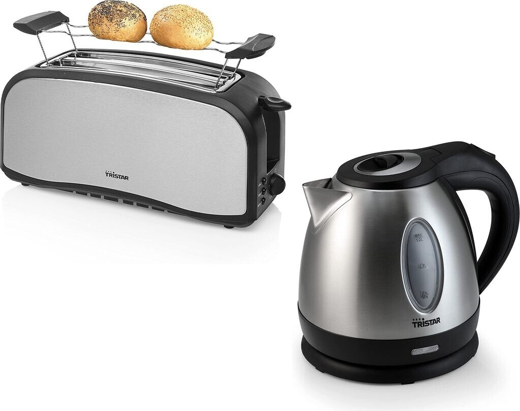 Tristar 2in1 Frühstücksset Silber 1,2Ltr Wasserkocher 4er Doppelschlitztoaster Edelstahl