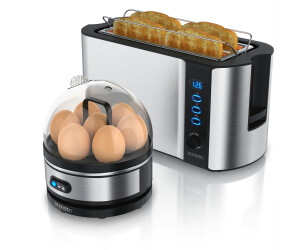 Arendo Frühstücks-Set (2-tlg), 4-Scheiben Langschlitz Toaster, 7er Eierkocher, Silber