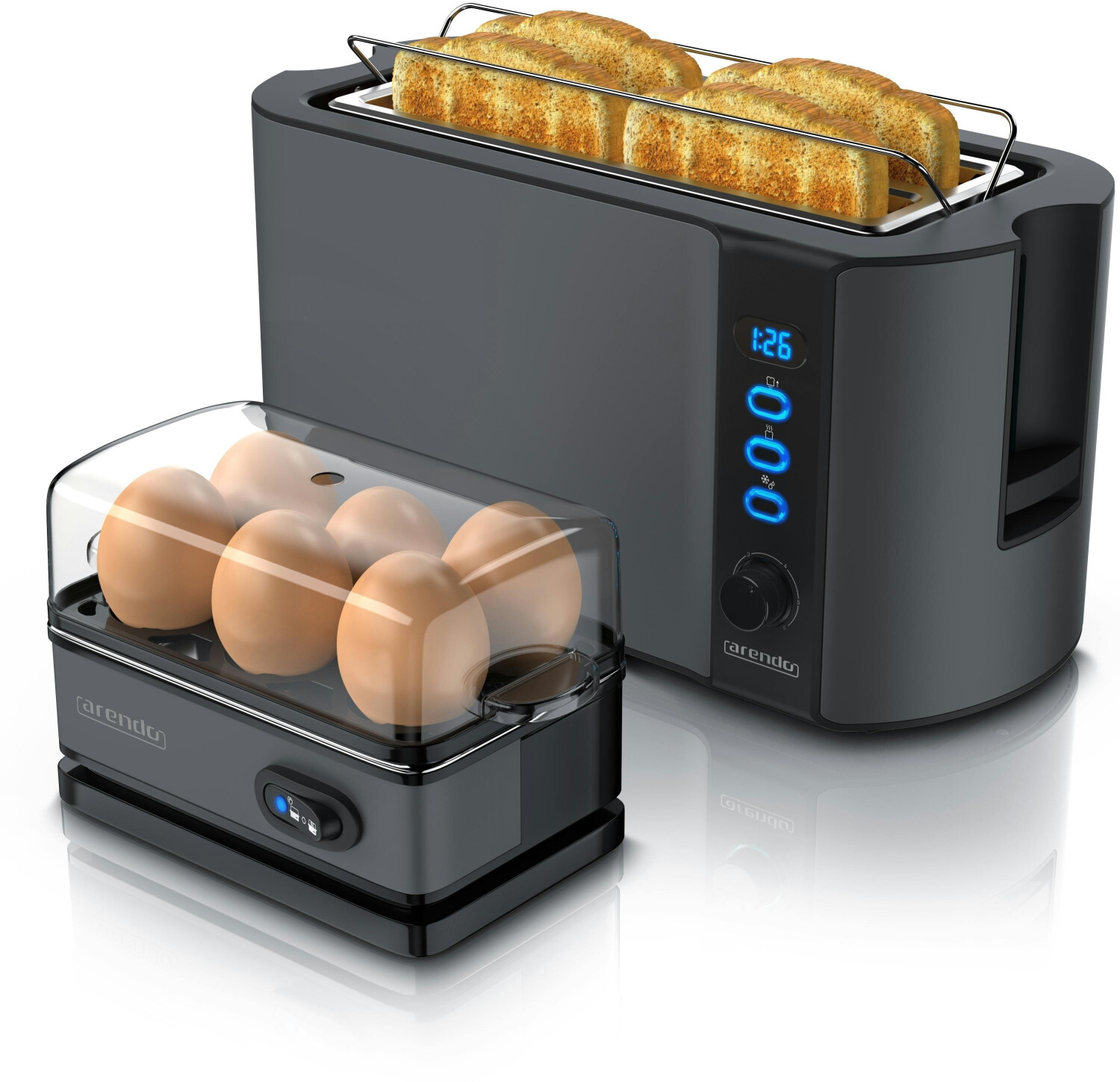 Arendo Frühstücks-Set (2-tlg), 4-Scheiben Langschlitz Toaster, 6er Eierkocher, Cool Grey