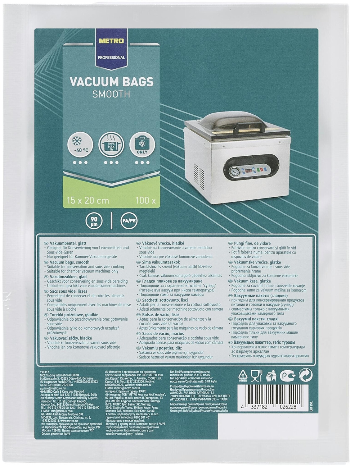 Metro Professional Vakuumbeutel, 15 x 20 cm, 90 µm, glatt, 2400 Stück - transparent