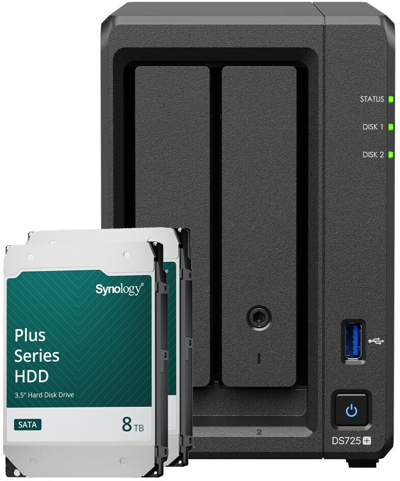 NAS Synology DS725+ 12 To (2 Baies) – Processeur Ryzen R1600, 4 Go RAM, Ports 2,5 GbE Et 1 GbE, Slots NVMe