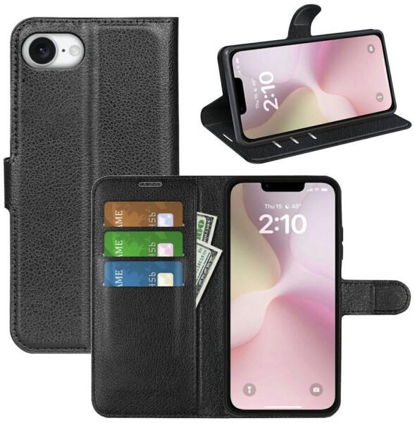 Wigento Smartphone-Hülle Für Apple iPhone 16e Kunstleder Book Wallet Handy Tasche Hülle Schwarz, Kunstleder Hülle mit Kartenfächern und Standfunktion